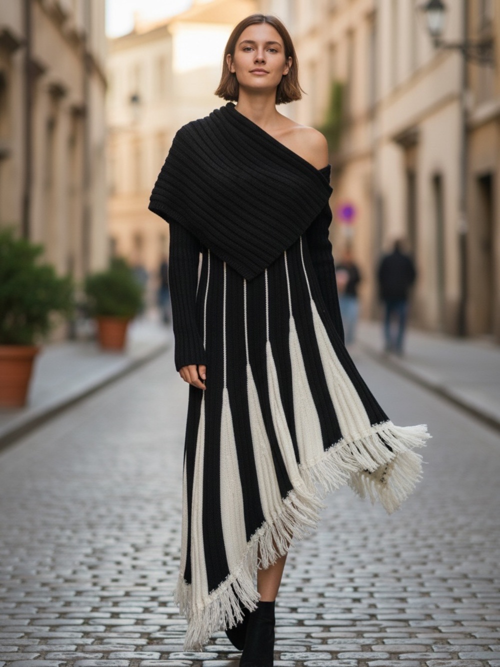 Asymmetric Off-Shoulder Knit Dress in Black and Cream